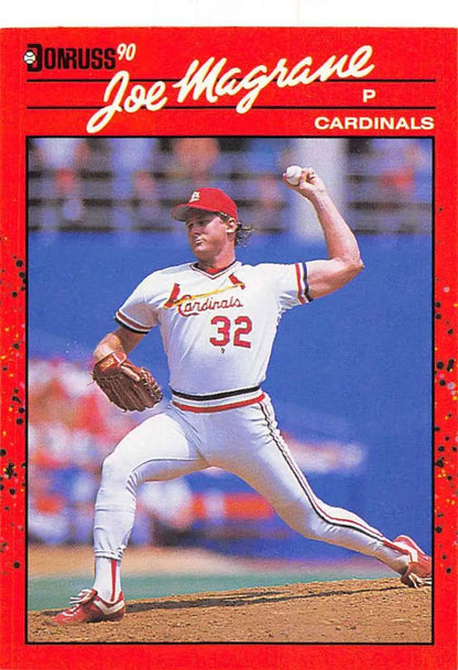 Red 1990 Donruss Joe Magrane baseball card for St. Louis Cardinals collectors