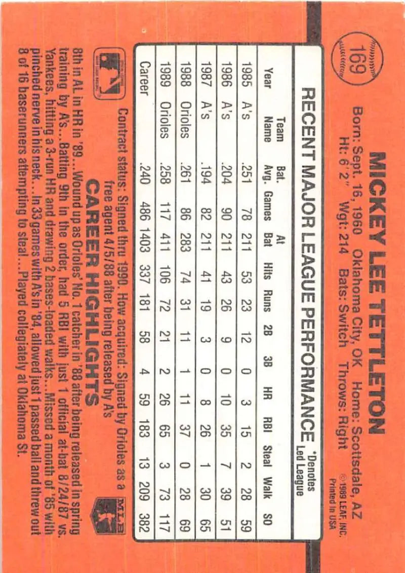Orange baseball card 1990 Donruss #169 Mickey Tettleton Baltimore Orioles trading cards