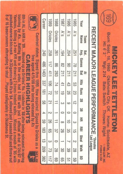Orange baseball card 1990 Donruss #169 Mickey Tettleton Baltimore Orioles trading cards