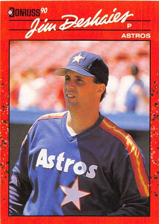 1990 Donruss Jim Deshaies baseball card featuring Houston Astros navy uniform and logo