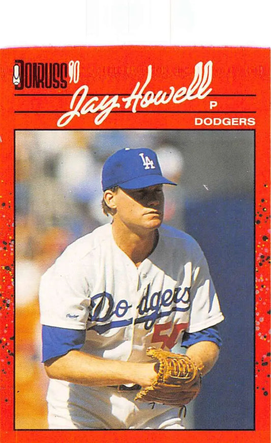 Red-bordered baseball card of Jay Howell in Dodgers uniform for trading cards collection