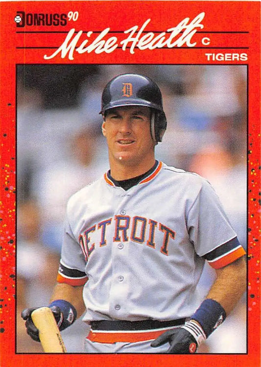 1990 Donruss #209 Mike Heath Detroit Tigers Baseball Card in gray road uniform