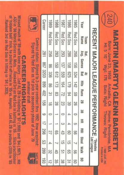 Orange baseball card featuring Marty Barrett’s stats from 1990 Donruss trading cards