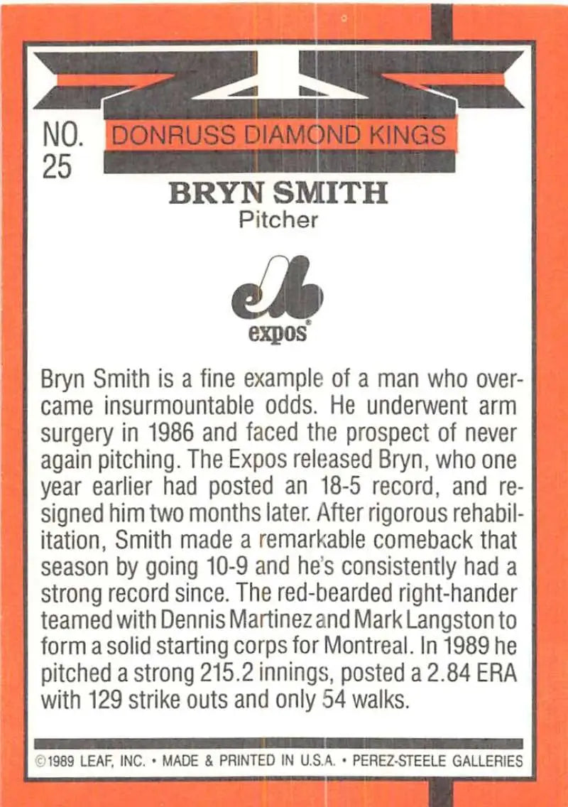 Baseball card of Bryn Smith from the Donruss Diamond Kings series for Montreal Expos