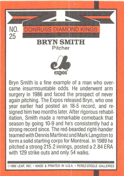 Baseball card of Bryn Smith from the Donruss Diamond Kings series for Montreal Expos