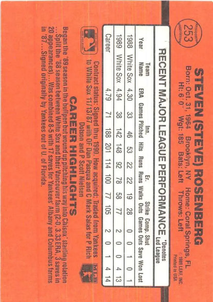 Orange baseball performance card featuring stats for 1990 Donruss #253 Steve Rosenberg