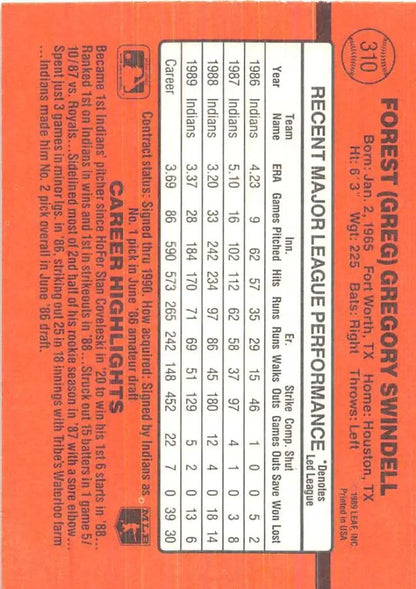 Orange baseball card of Greg Swindell with player stats from 1990 Donruss Trading Cards