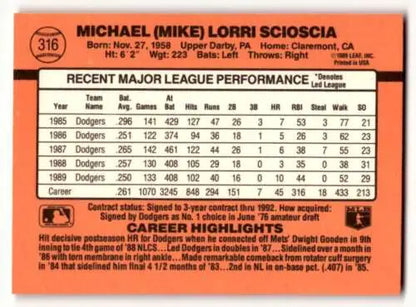 Baseball card back of 1990 Donruss Mike Scioscia Los Angeles Dodgers original gloss