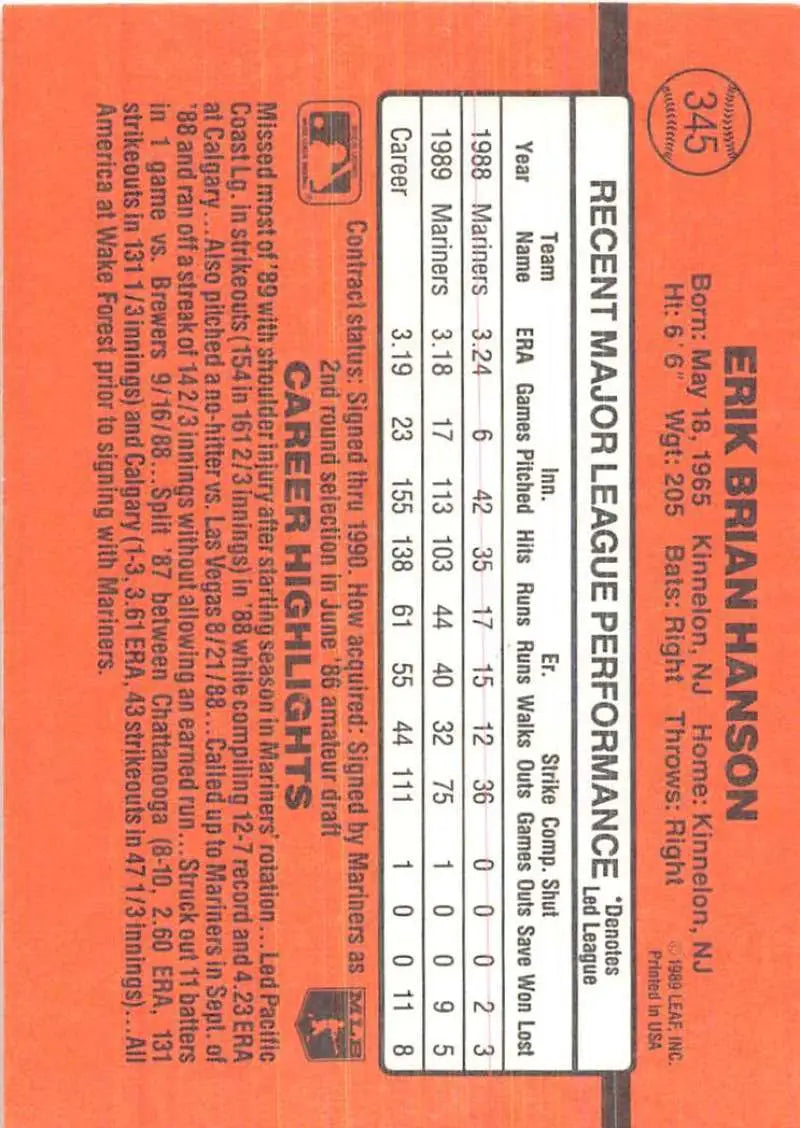 Orange baseball card featuring Erik Hanson statistics from the 1990 Donruss set
