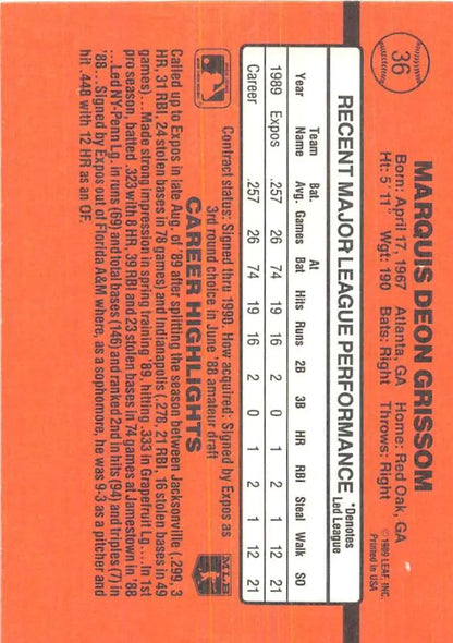 Orange Montreal Expos rookie card featuring Marquis Grissom statistics and performance data