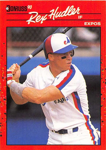 Red-bordered 1990 Donruss baseball card of Rex Hudler, Montreal Expos player