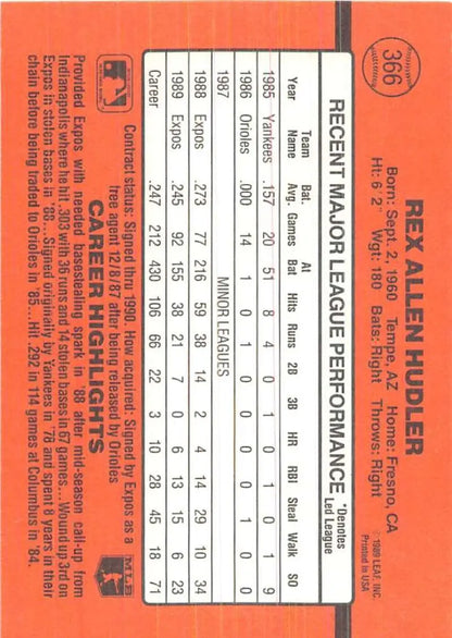 Orange 1990 Donruss #366 Rex Hudler baseball card showcasing player stats and performance