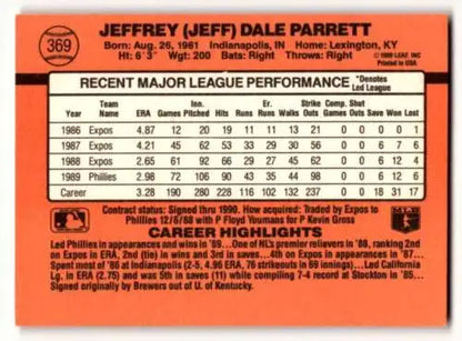 Baseball card back of 1990 Donruss #369 Jeff Parrett Philadelphia Phillies original gloss