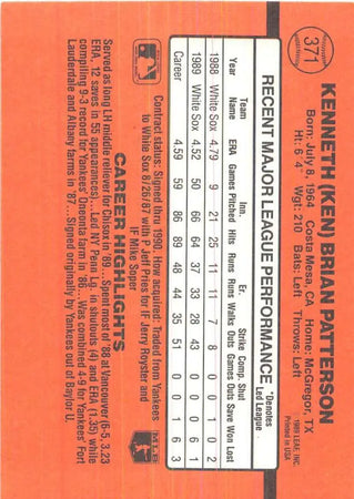 Orange 1990 Donruss Ken Patterson baseball card showcasing Chicago White Sox statistics