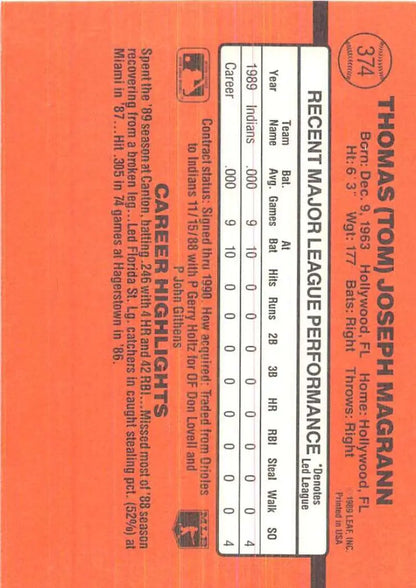 Orange 1990 Donruss #374 Tom Magrann Rookie Baseball Card with player statistics