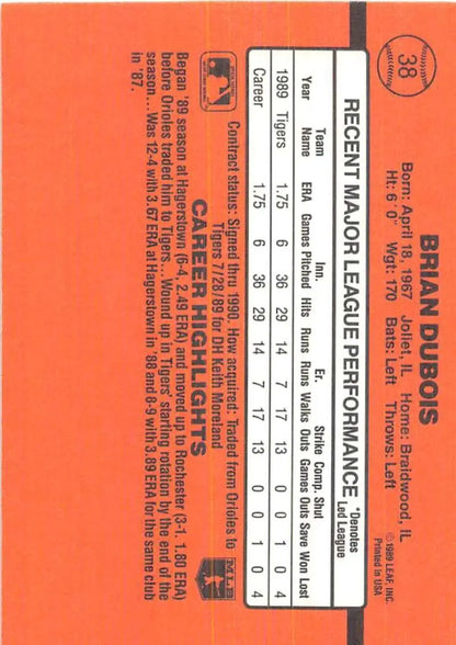 Orange 1990 Donruss Brian DuBois Rookie Detroit Tigers Baseball Card with stats