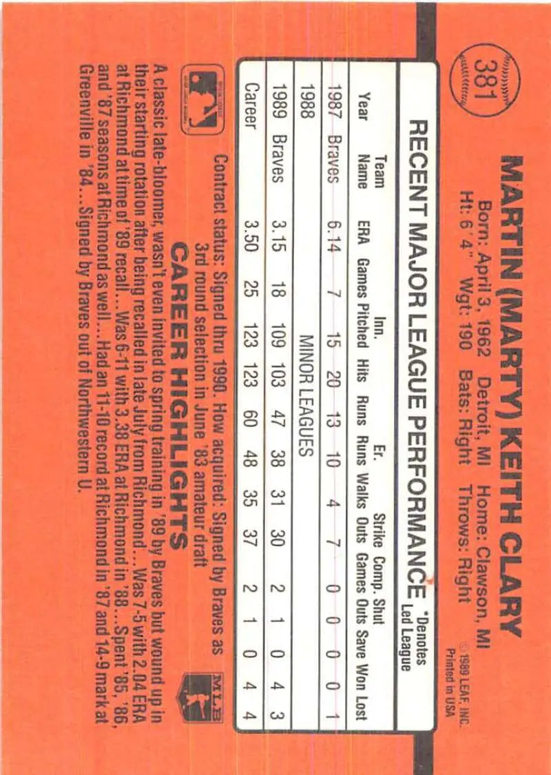 Orange baseball card statistics chart for 1990 Donruss #381 Marty Clary trading card