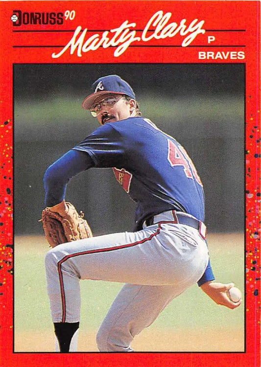 1990 Donruss #381 Marty Clary Atlanta Braves baseball card mid-delivery pose