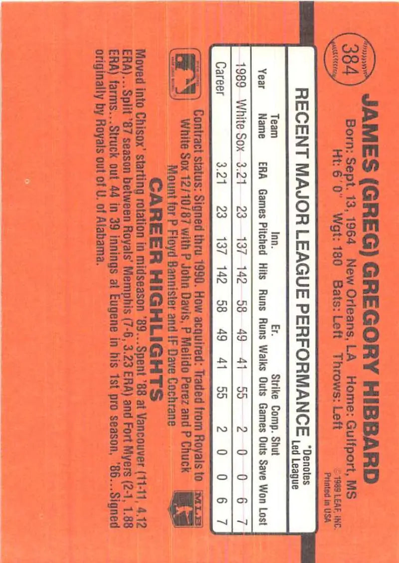 Orange trading card featuring Greg Hibbard’s rookie statistics for baseball cards