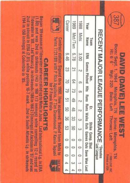 Orange 1990 Donruss #387 David West baseball card featuring player statistics