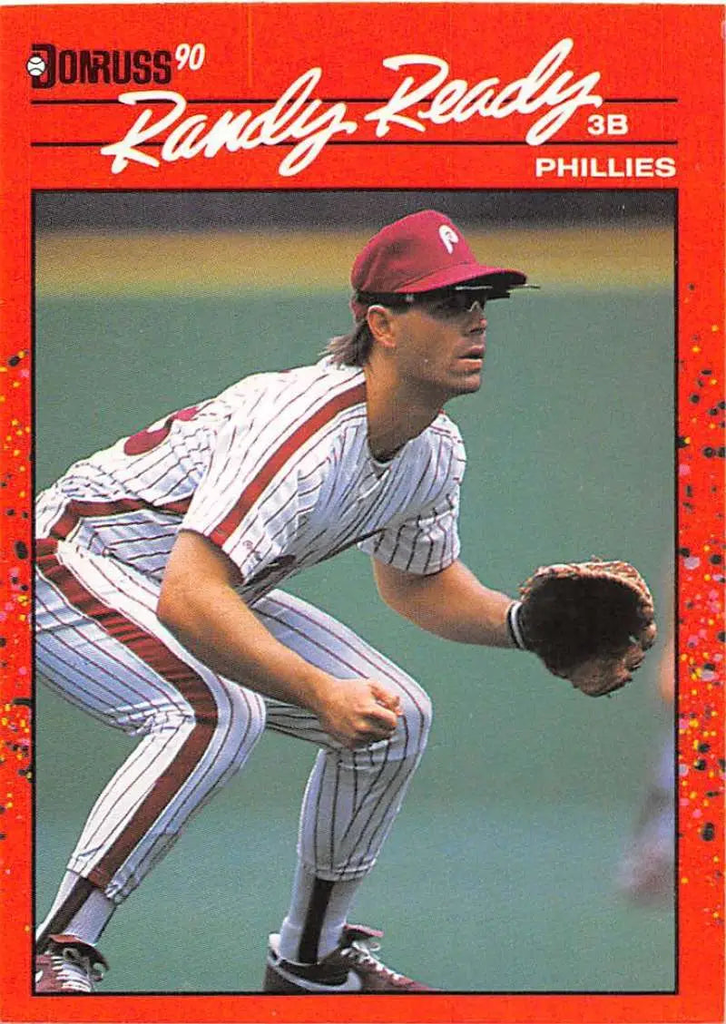 1990 Donruss baseball card of Randy Ready, Phillies third baseman in pinstripes