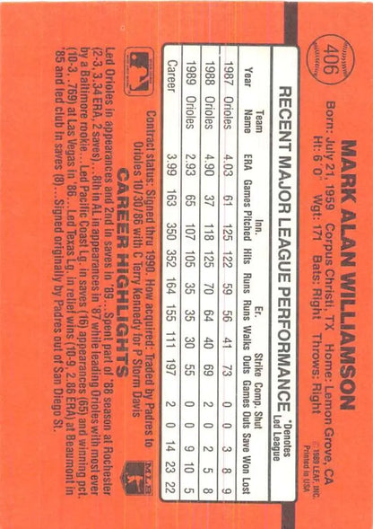Orange baseball card featuring player stats for 1990 Donruss #406 Mark Williamson