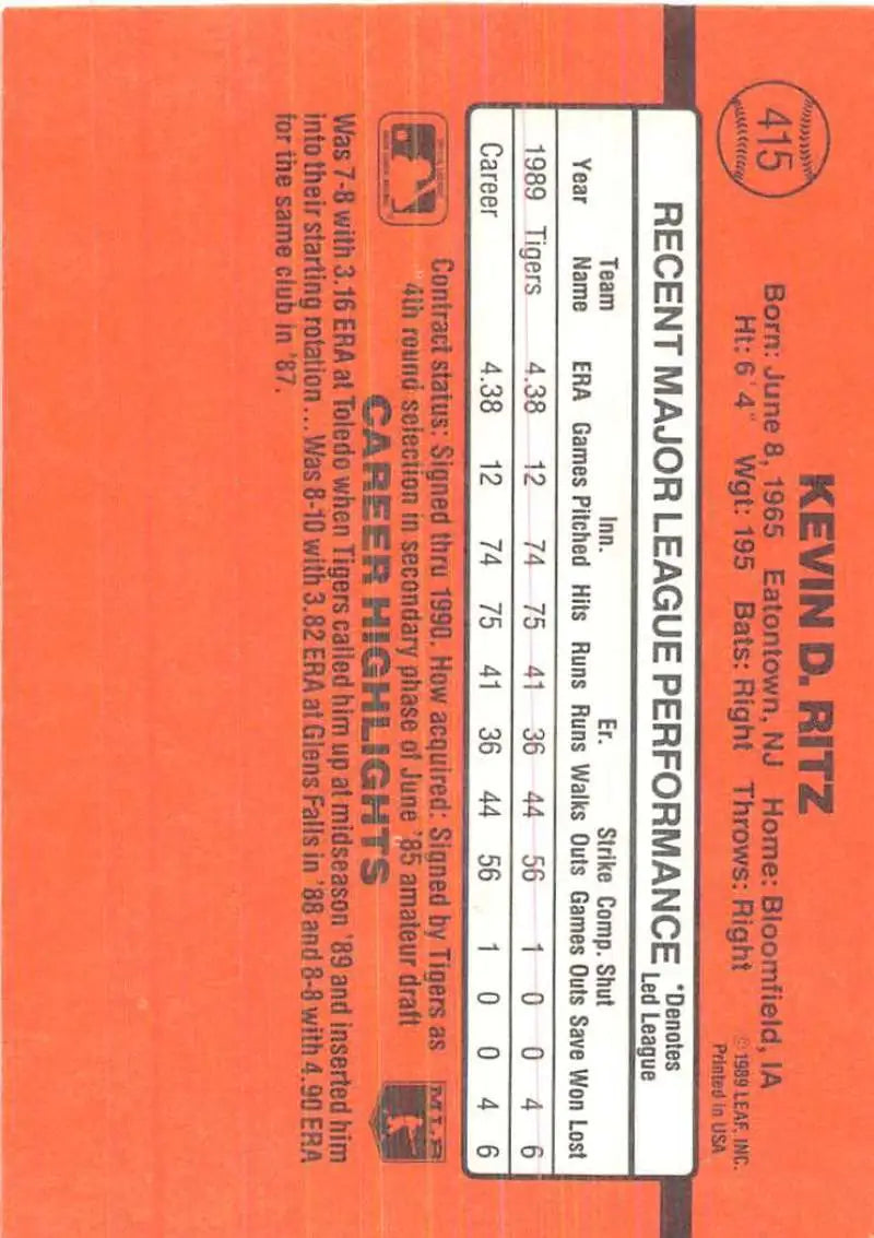 Orange baseball statistics card displaying data for 1990 Donruss #415 Kevin Ritz rookie