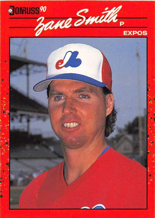 Red 1990 Donruss Zane Smith baseball card for collectors of trading cards