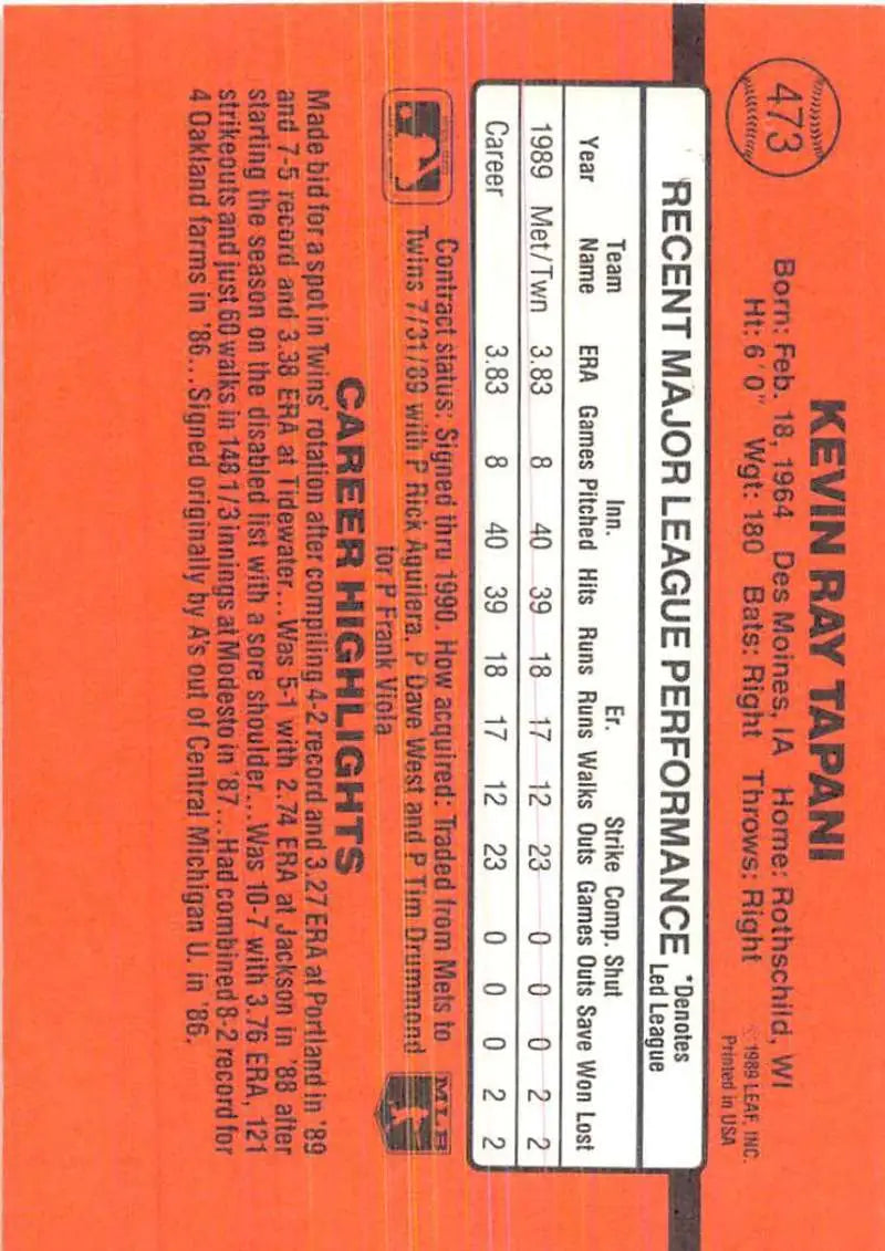Orange performance evaluation for 1990 Donruss Kevin Tapani Minnesota Twins Baseball Card