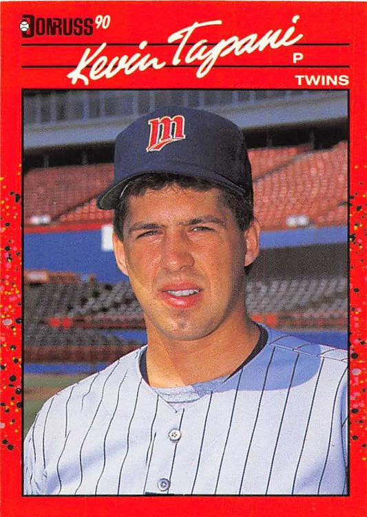1990 Donruss Kevin Tapani baseball card featuring Minnesota Twins player in pinstripes