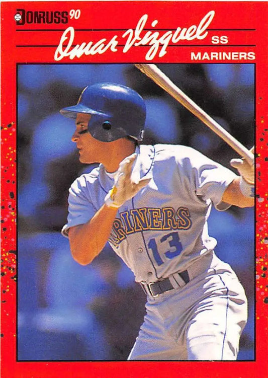 Red-bordered 1990 Donruss Baseball Card of Omar Vizquel, Seattle Mariners at bat
