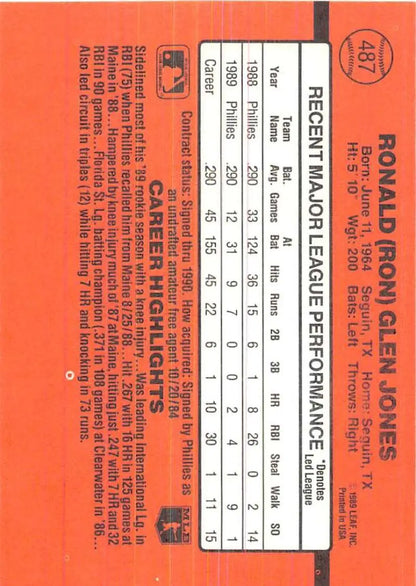 Back of 1990 Donruss #487 Ron Jones Baseball Card with player statistics and performance data