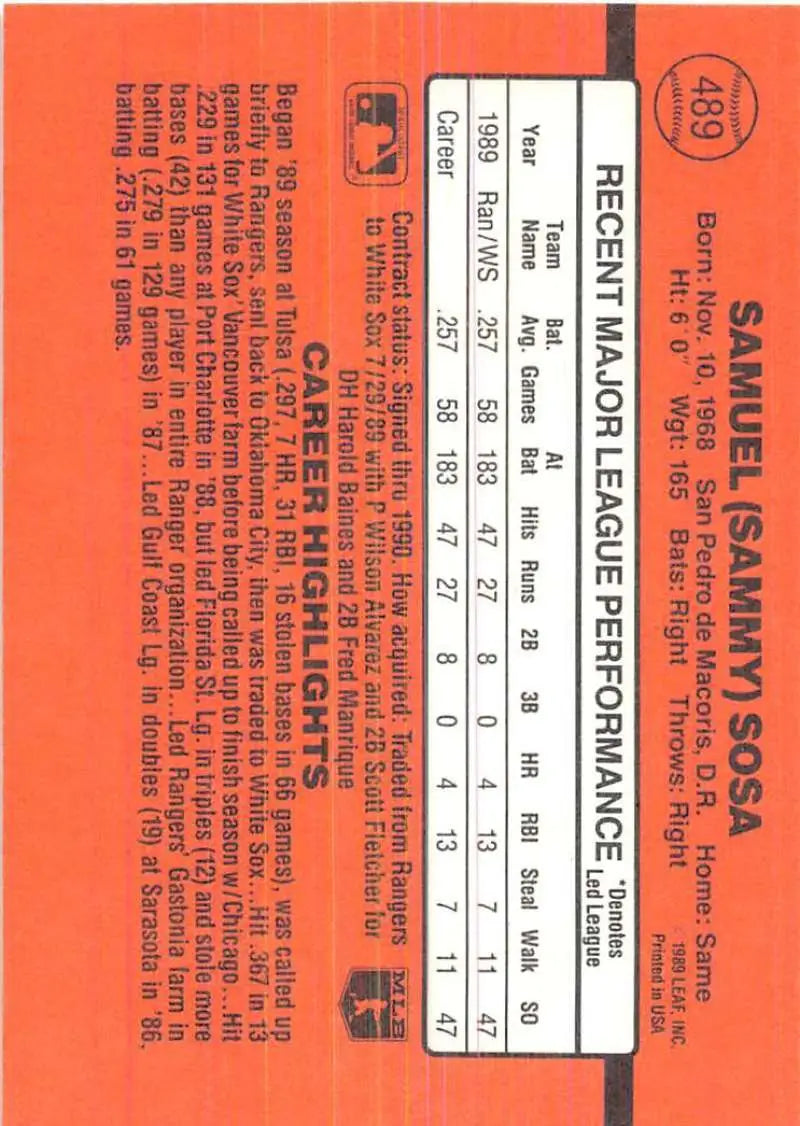 Orange performance evaluation form featuring scales and checkboxes for Sammy Sosa Chicago White Sox