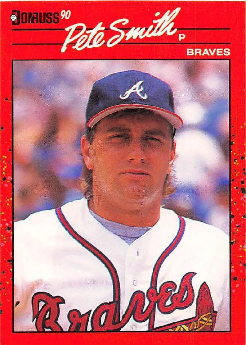 1990 Donruss Pete Smith baseball card in Atlanta Braves home uniform, trading cards collector item