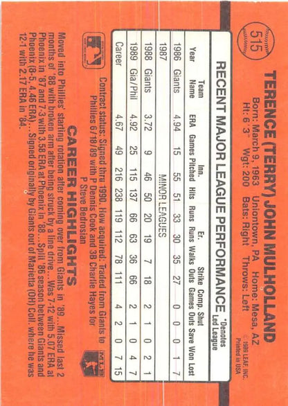 Orange 1990 Donruss Terry Mulholland Phillies Baseball Card with player stats