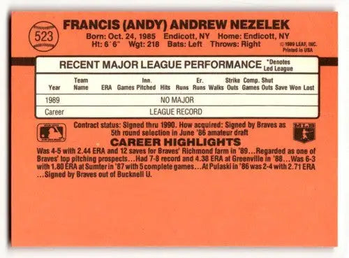 1990 Donruss #523 Andy Nezelek Atlanta Braves Baseball Cards ID:52772 - Baseball Cards