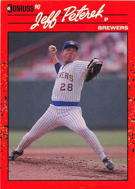 1990 Donruss Jeff Peterek rookie card showcasing a Milwaukee Brewers pitcher mid-throw
