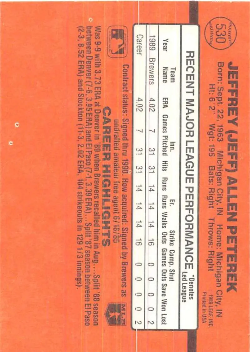 Orange Major League Baseball ticket with 1990 Donruss Jeff Peterek Rookie Card