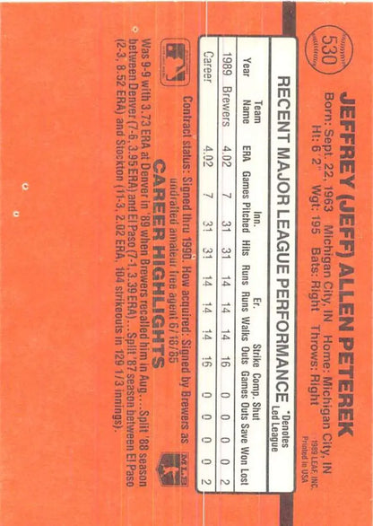 Orange Major League Baseball ticket with 1990 Donruss Jeff Peterek Rookie Card