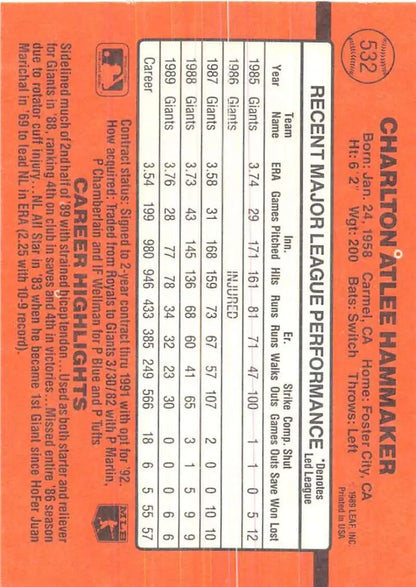 Orange 1990 Donruss Atlee Hammaker baseball card with player statistics and performance data