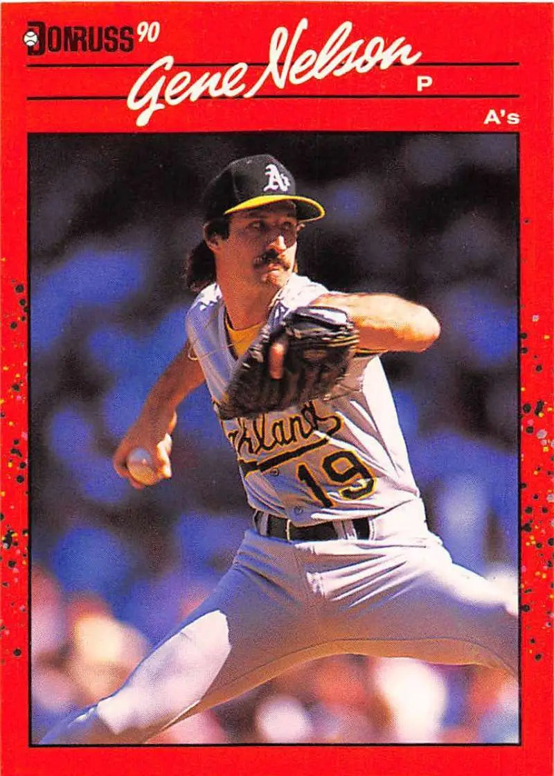 Red-bordered 1990 Donruss Gene Nelson baseball card of Oakland Athletics pitcher