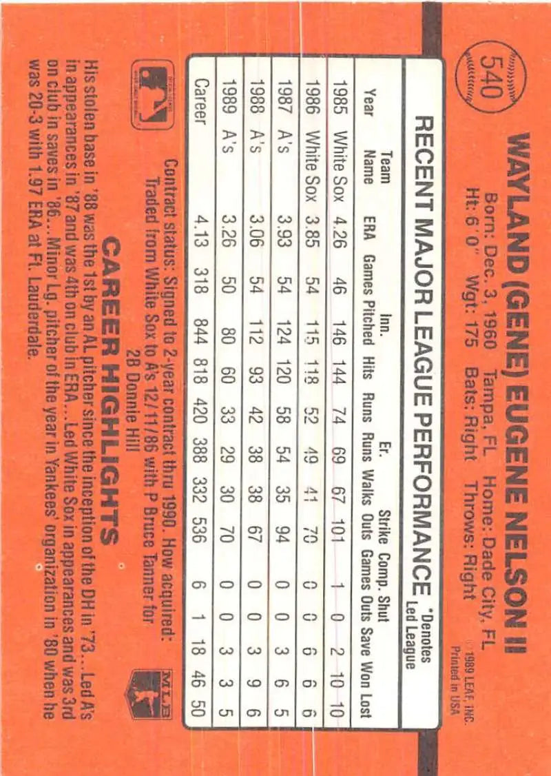 Orange baseball card featuring Gene Nelson’s stats, ideal for trading cards collectors