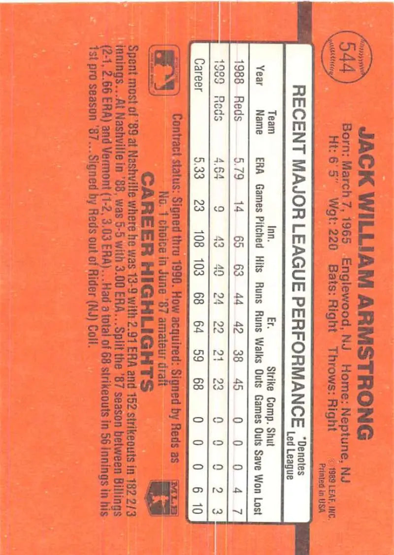Orange baseball statistics card for 1990 Donruss #544 Jack Armstrong trading card