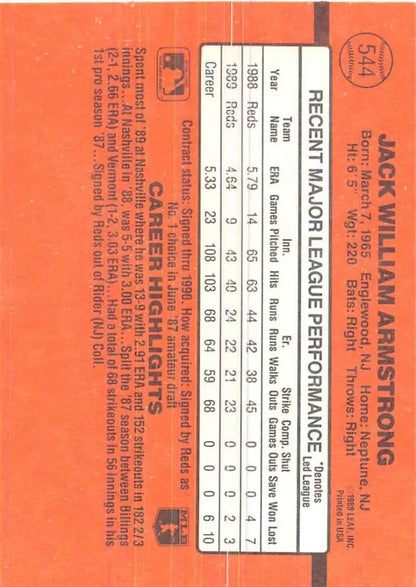 Orange baseball statistics card for 1990 Donruss #544 Jack Armstrong trading card