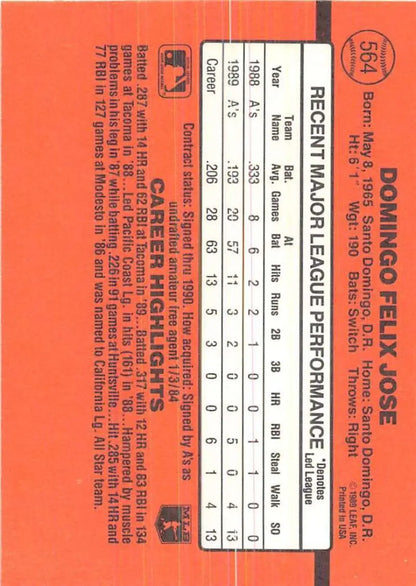 Orange Domino’s Pizza performance report card on 1990 Donruss Felix Jose baseball card