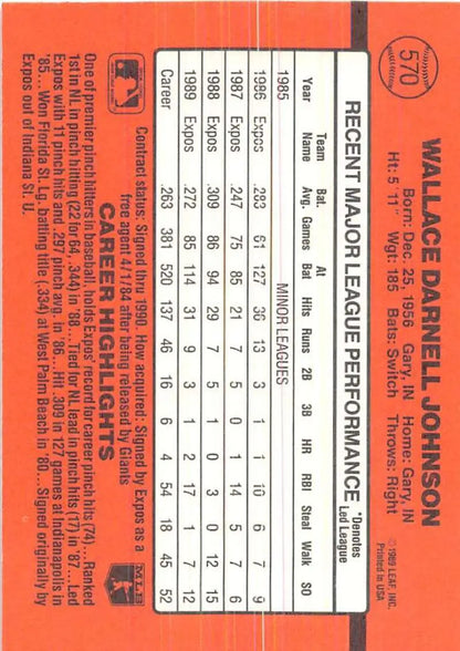 Orange baseball statistics performance card for 1990 Donruss #570 Wallace Johnson trading card