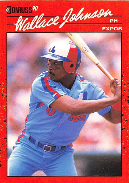 Red 1990 Donruss baseball card of Montreal Expos player Wallace Johnson at bat