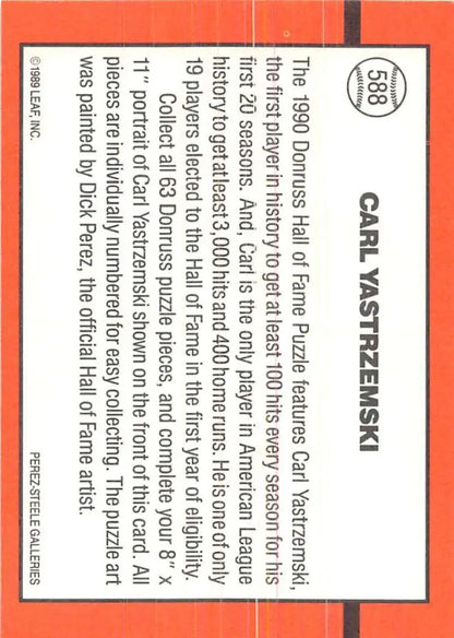 Orange 1990 Donruss #588 Carl Yastrzemski Baseball Card featured for Red Sox fans