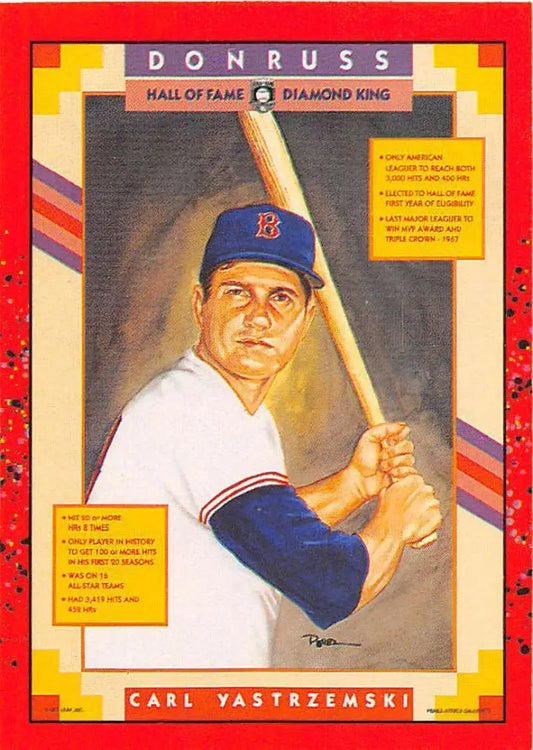 1990 Donruss baseball card of Carl Yastrzemski in batting stance for Red Sox fans