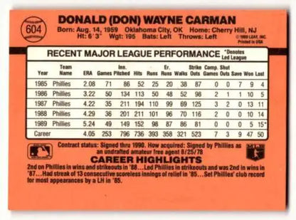 Baseball card back of 1990 Donruss #604 Don Carman Philadelphia Phillies with original gloss